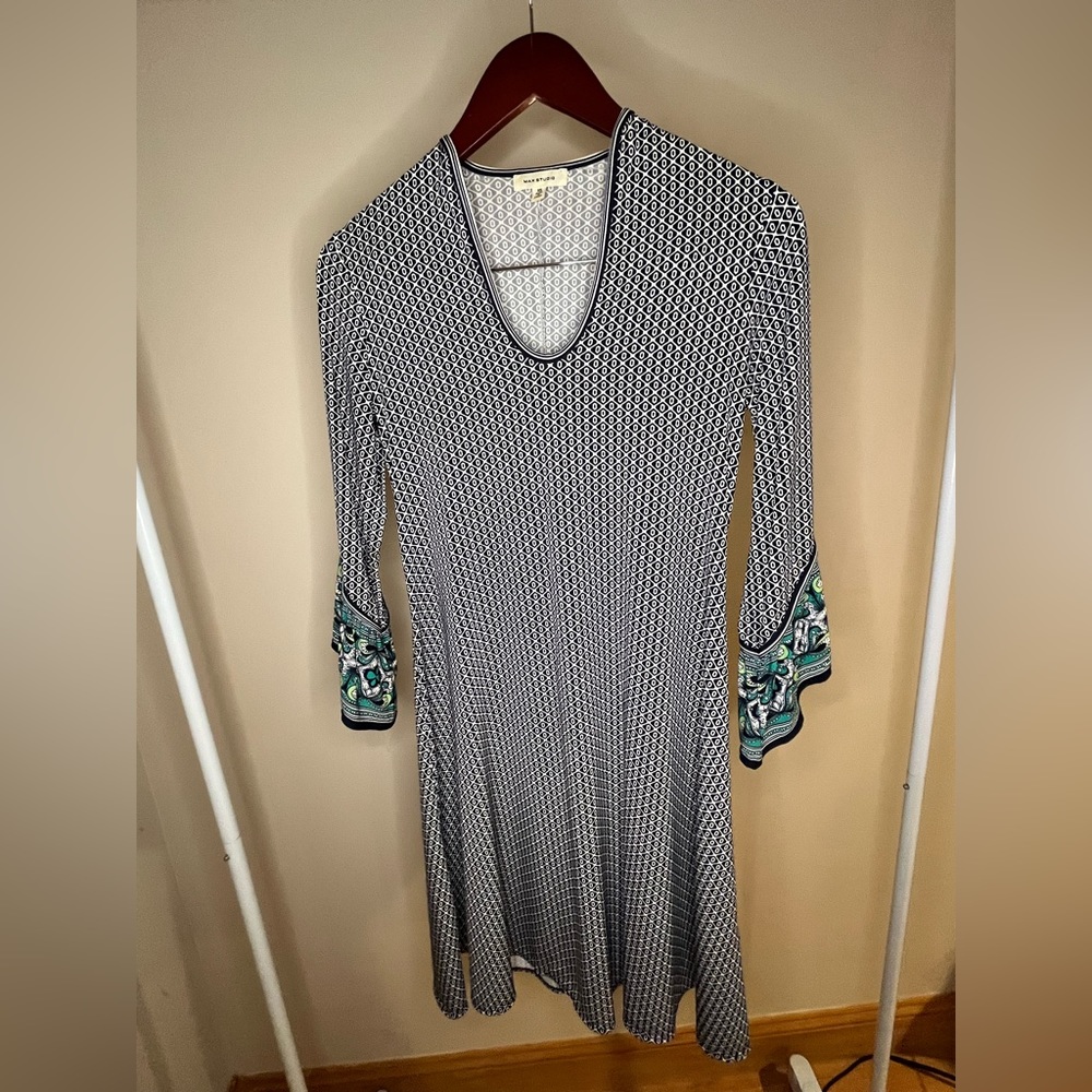 Max Studio Navy & White Dress with Green Paisley Bell-Sleeve Detail